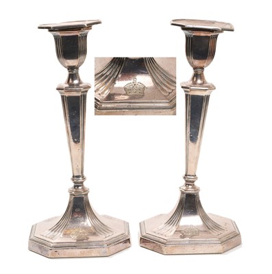 Lot 40 - Pair 1930s silver plated candlesticks, with engraved Royal Kings Crown to foot, probably for British embassy or Government Colonial residence use, 24cm