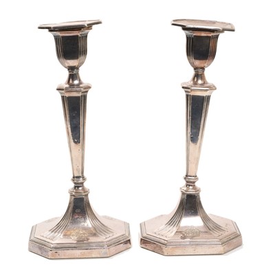 Lot 40 - Pair 1930s silver plated candlesticks, with engraved Royal Kings Crown to foot, probably for British embassy or Government Colonial residence use, 24cm