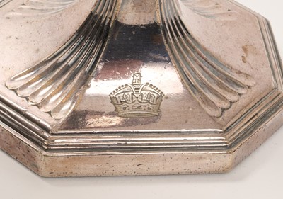 Lot 40 - Pair 1930s silver plated candlesticks, with engraved Royal Kings Crown to foot, probably for British embassy or Government Colonial residence use, 24cm