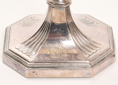 Lot 40 - Pair 1930s silver plated candlesticks, with engraved Royal Kings Crown to foot, probably for British embassy or Government Colonial residence use, 24cm