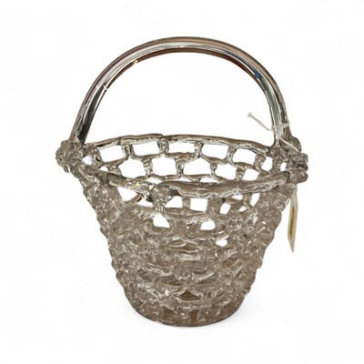 Lot 104 - Bristol or Liege glass traforato basket, with a single handle and lattice-like openwork pattern, a ribbed base with rough pontil. 18.5cm high