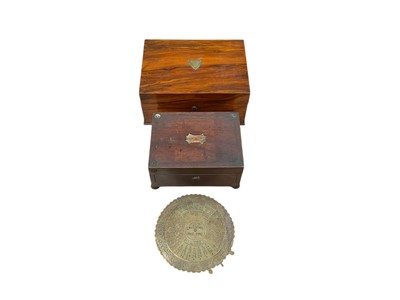 Lot 5014 - Victorian rosewood sewing box with contents, another Victorian box with cap badges, and a brass 100 year calendar