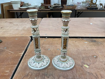 Lot 5006 - Pair of 19th century Wedgwood Aesthetic style pierced candlesticks, together with other china, including Cauldon porcelain made for Tiffany, Brambly Hedge figures, Hummel figures, etc