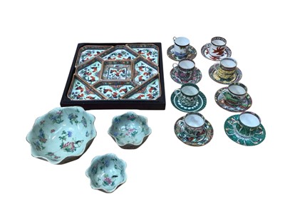 Lot 5005 - Set of three graduated antique Chinese celadon bowls, together with a Chinese hors d'oeuvres set and a Chinese tea set