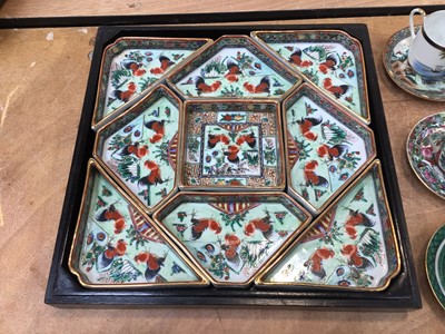 Lot 5005 - Set of three graduated antique Chinese celadon bowls, together with a Chinese hors d'oeuvres set and a Chinese tea set
