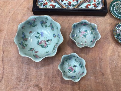 Lot 5005 - Set of three graduated antique Chinese celadon bowls, together with a Chinese hors d'oeuvres set and a Chinese tea set