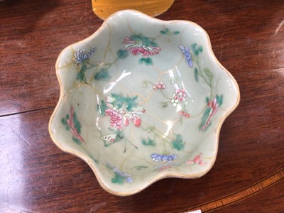Lot 5005 - Set of three graduated antique Chinese celadon bowls, together with a Chinese hors d'oeuvres set and a Chinese tea set