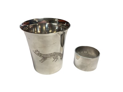 Lot 33 - Contemporary silver Christening cup engraved with a fox (Sheffield 1990) together with a contemporary silver napkin ring (London 1993)
