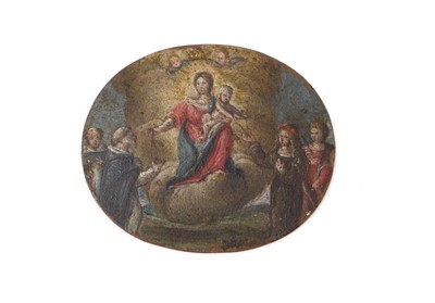Lot 858 - 17th century miniature painting on copper, depicting Mary and Jesus and attendants, 3.5 x 4cm