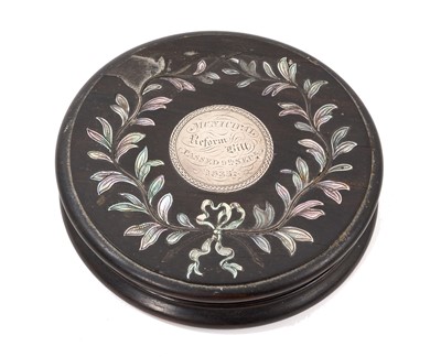 Lot 889 - Municipal Reform Bill of 1835, a rare inlaid wood snuff box relating to the bill