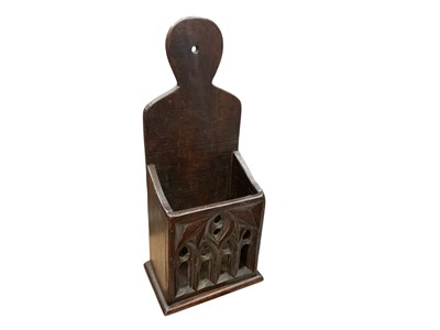 Lot 543 - Gothic carved wood candle box, the front panel with gothic arches. 37.5cm high