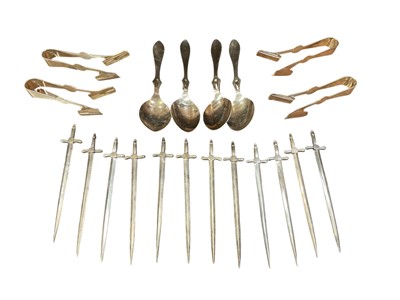 Lot 548 - Set of four Mappin silver plated asparagus tongs, four Roberts and Belk honey spoons, together with a set of twelve silver plated skewers in the form of swords. (20 pieces)
