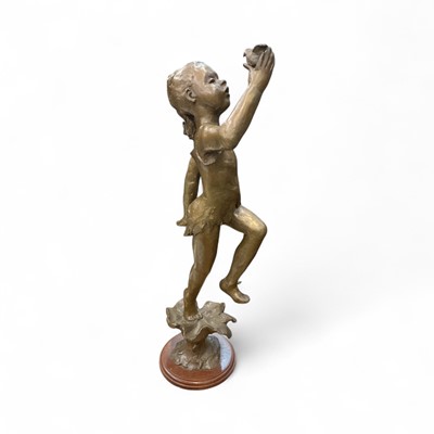 Lot 550 - Bronze sculpture of a dancing fairy girl holding bird in outstretched hand, dancing on a open flower, signed to base. 44cm high