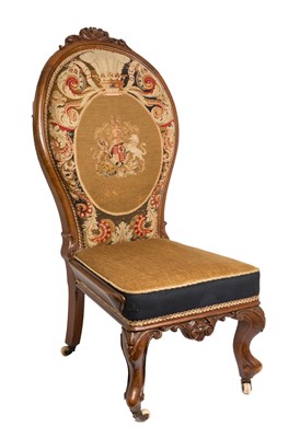Lot 60 - Royal interest: Victorian needlework upholstered chair, with Royal Coat of Arms. With original casters