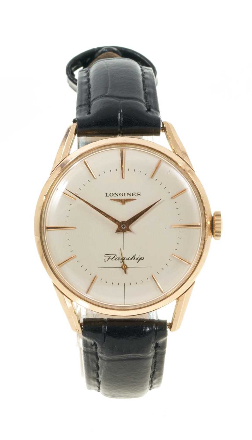 Lot 768 - Gentlemen's Longines Flagship wristwatch, the silvered dial with applied gilt baton markers and subsidiary seconds in a gold plated case, 34mm diameter, on a replacement black leather strap