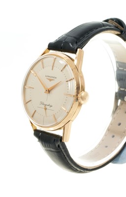Lot 768 - Gentlemen's Longines Flagship wristwatch, the silvered dial with applied gilt baton markers and subsidiary seconds in a gold plated case, 34mm diameter, on a replacement black leather strap