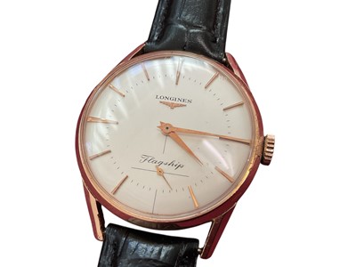 Lot 768 - Gentlemen's Longines Flagship wristwatch, the silvered dial with applied gilt baton markers and subsidiary seconds in a gold plated case, 34mm diameter, on a replacement black leather strap