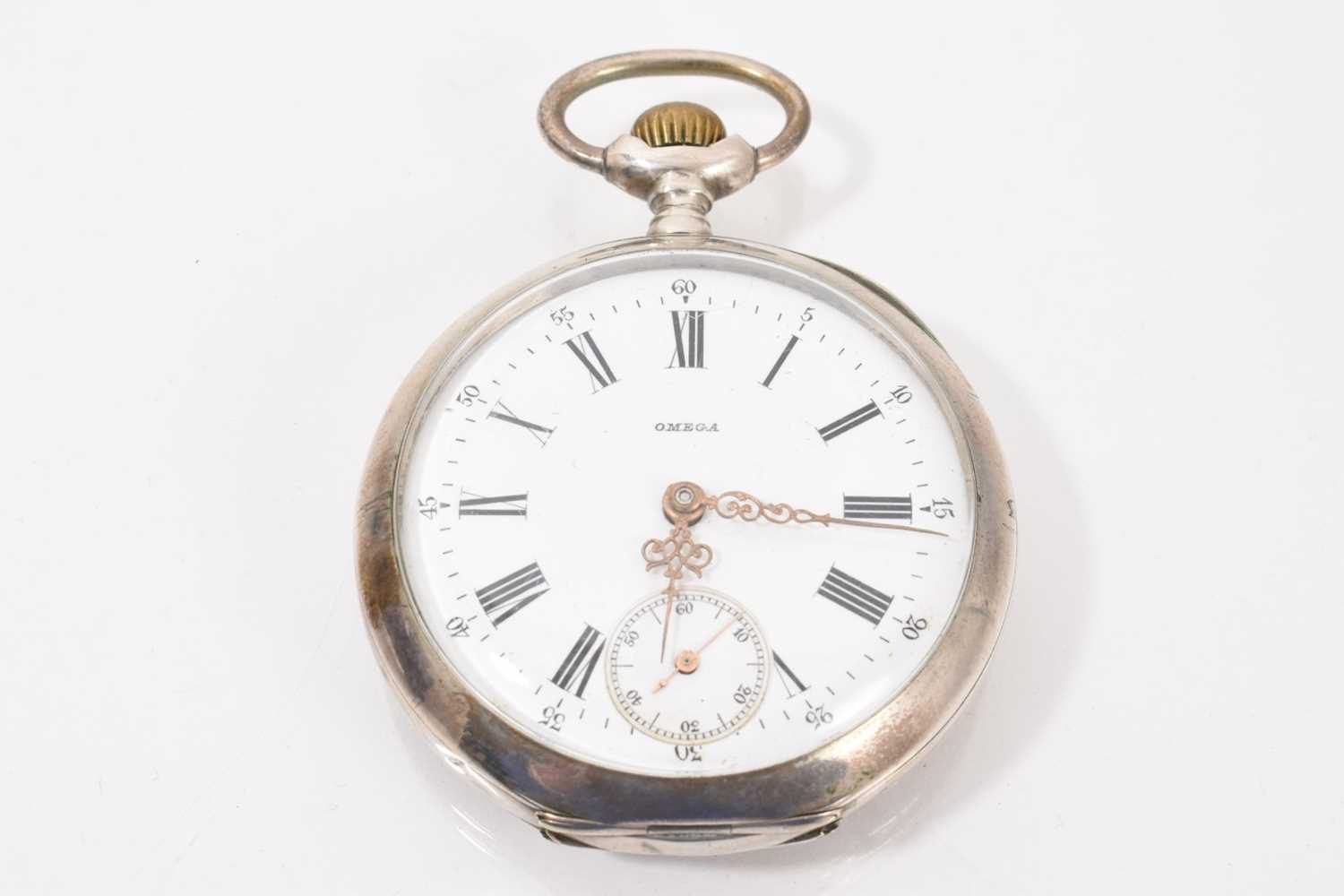 Lot 794 - Omega silver cased pocket watch with white enamel dial, roman numeral hours and subsidiary seconds, in a silver case, marked 800, 45mm diameter.