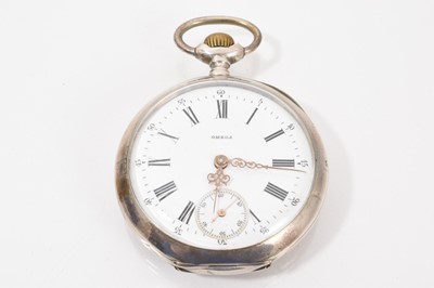 Lot 794 - Omega silver cased pocket watch with white enamel dial, roman numeral hours and subsidiary seconds, in a silver case, marked 800, 45mm diameter.