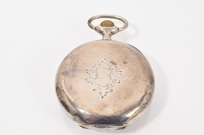 Lot 794 - Omega silver cased pocket watch with white enamel dial, roman numeral hours and subsidiary seconds, in a silver case, marked 800, 45mm diameter.