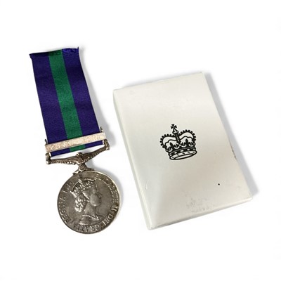 Lot 710 - Elizabeth II General Service Medal (Pre 1962 type) with Canal Zone clasp, named to 22494010 PTE. D.R.J. Ezra RAMC. in original box of issue.