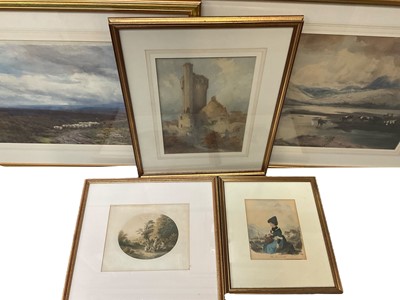 Lot 1254 - Harry Hime (1863-1933) watercolour of sheep in moorland landscape, three other antique watercolours and an antique print (5j