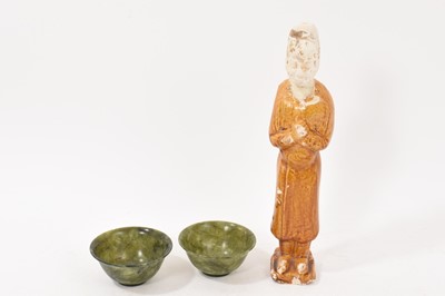Lot 942 - Chinese amber glazed pottery funerary figure and two hardstone bowls