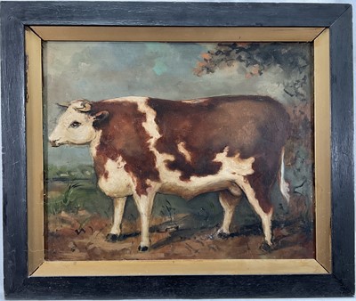 Lot 85 - English school, oil on panel - A Prize Bull in a landscape, 29cm x 36cm, framed