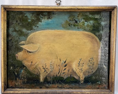 Lot 163 - English School, oil on a carved coffer panel - A Pig, 19 cm x 25 cm, framed