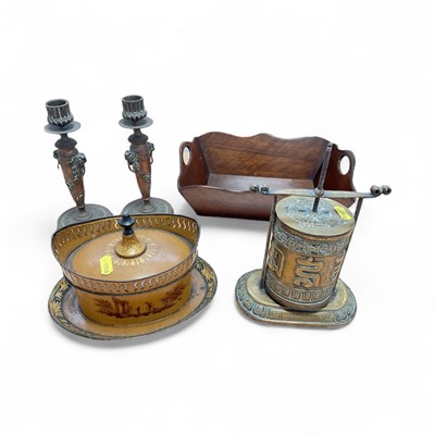 Lot 5008 - Sundry items including a toleware box, brass Tibetan prayer wheel together with a pair of candle sticks and a mahogany tray
