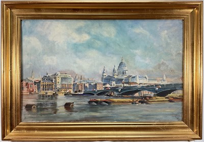 Lot 65 - After John Stobart (1929-2023) oil on canvas, London and St Paul's, by Albert Rolles, inscribed verso, 34cm x 54cm, in gilt frame