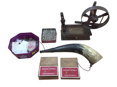Lot 5009 - Sundry items, including a large powder horn, an antique bobbin winder, Georgian brass tokens, and lead bullets reportedly used in the Franco-Prussian war (Sedan 1870)