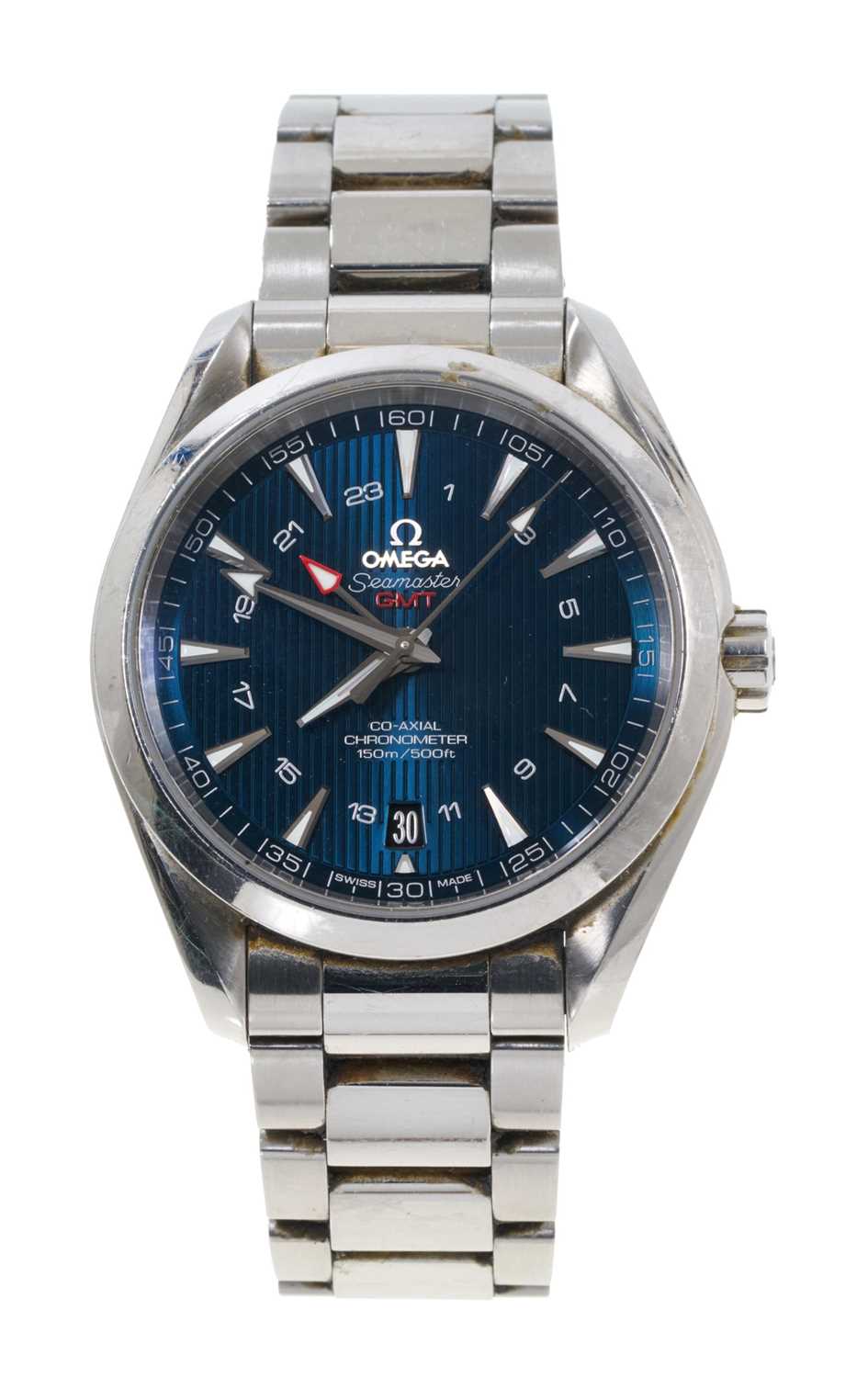 Lot 758 - Gentlemen's Omega Seamaster Aqua Terra GMT Co-Axail stainless steel wristwatch, serial number 86302622. On stainless steel bracelet. Circa 2013, with original box, guarantee card and service rece...