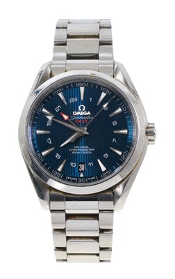 Lot 758 - Gentlemen's Omega Seamaster Aqua Terra GMT Co-Axail stainless steel wristwatch, serial number 86302622. On stainless steel bracelet. Circa 2013, with original box, guarantee card and service rece...