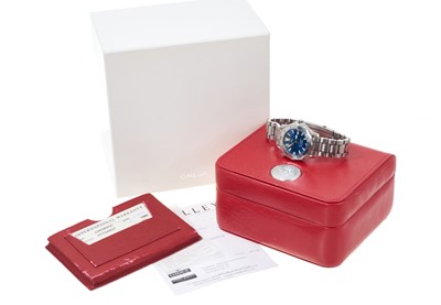 Lot 759 - Gentlemen's Omega Seamaster Professional stainless steel wristwatch with blue dial, on stainless steel bracelet, Circa 2002, in box with papers