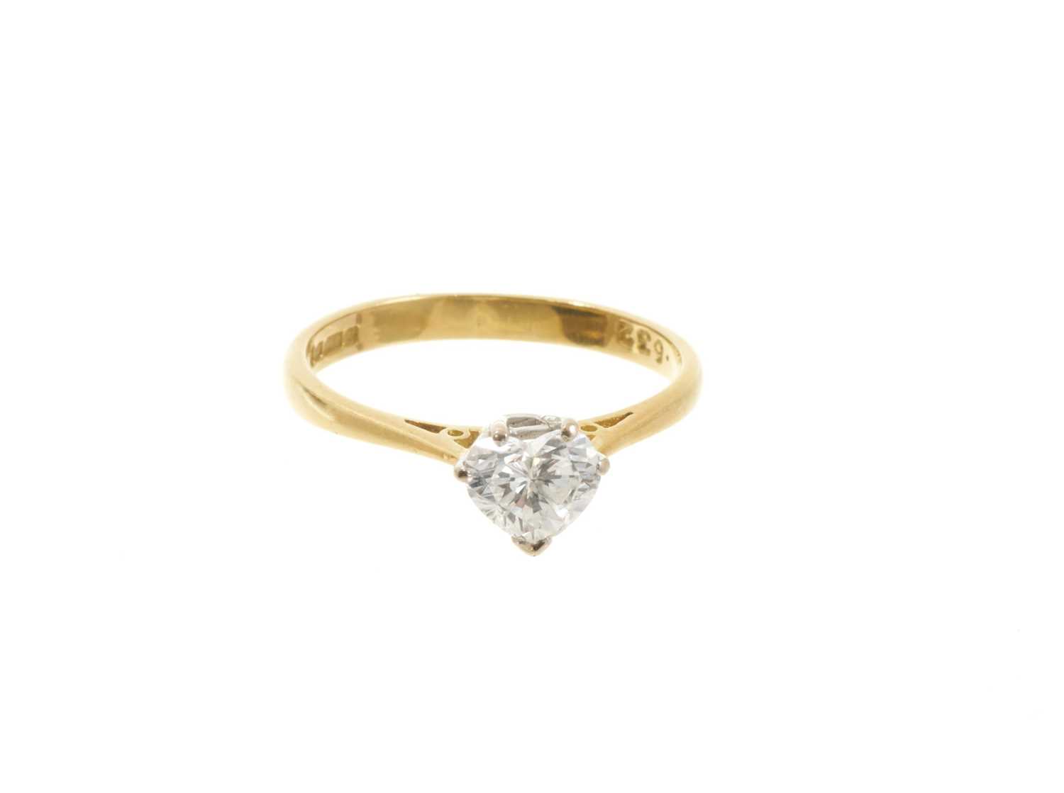 Lot 520 - Diamond single stone ring with a heart-shaped brilliant cut diamond weighing 0.632cts, E colour and VS2 clarity, in 18ct gold setting. Certificated.