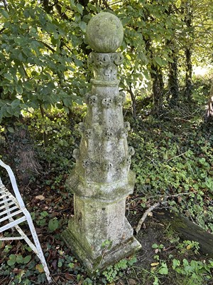 Lot 1929 - Pair of antique garden obelisks, spherical mounts on tapered octagonal columns and shaped square bases with square plinths, 136cm high overall