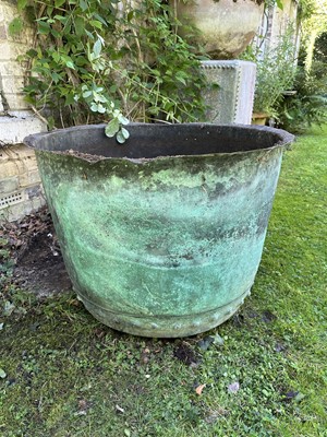 Lot 1936 - Large antique riveted copper with flared rim, 79.5cm diameter x 60cm high