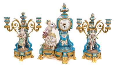 Lot 804 - 19th century French porcelain clock and garniture in the style of Sèvres.