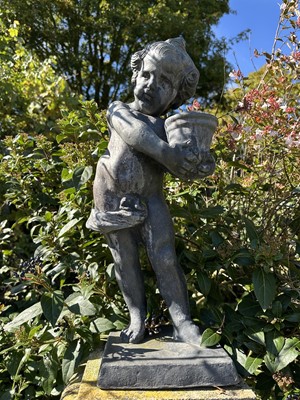 Lot 1945 - Antique lead garden figure depicting a boy holding a pot, 49cm high