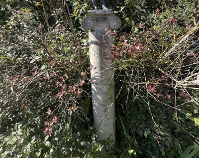 Lot 1946 - Antique stone classical column with ionic style capital, on square bases, 155cm high