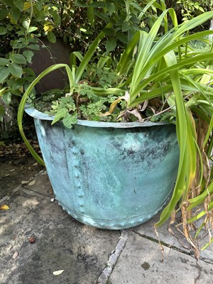 Lot 1952 - Large antique riveted copper with flared rim, 75cm diameter x 53cm high