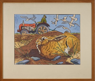 Lot 1052 - Andrew Haslen (b. 1953) hand-coloured lino cut, Hare and tractor, 42 x 51cm. Provenance: Estate of John Burton (1944-2022), renowned conservationist and ecologist, founder of the World Wide Land...