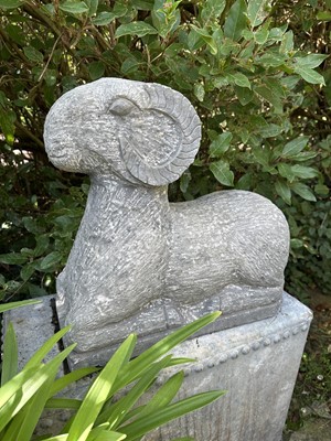 Lot 1953 - Garden sculpture of a ram, on rectangular base, 42cm wide x 21cm deep x 44cm high