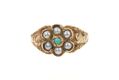 Lot 557 - Regency style turquoise and seed pearl cluster ring