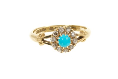 Lot 558 - Edwardian turquoise and diamond cluster ring, in 18ct gold setting, Chester