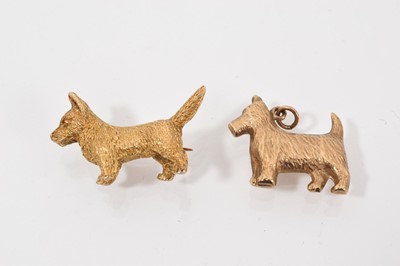 Lot 702 - Antique yellow metal novelty brooch in the form of a West Highland Terrier, together with a similar