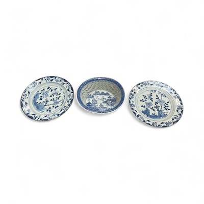 Lot 71 - Pair of mid 18th century Chinese export porcelain chargers and a similar chestnut basket