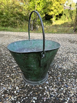 Lot 1964 - 19th century green toleware fireside bucket with swing handle