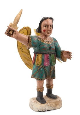 Lot 869 - Guatemalan carved and polychrome painted figure of an angel, 39cm high